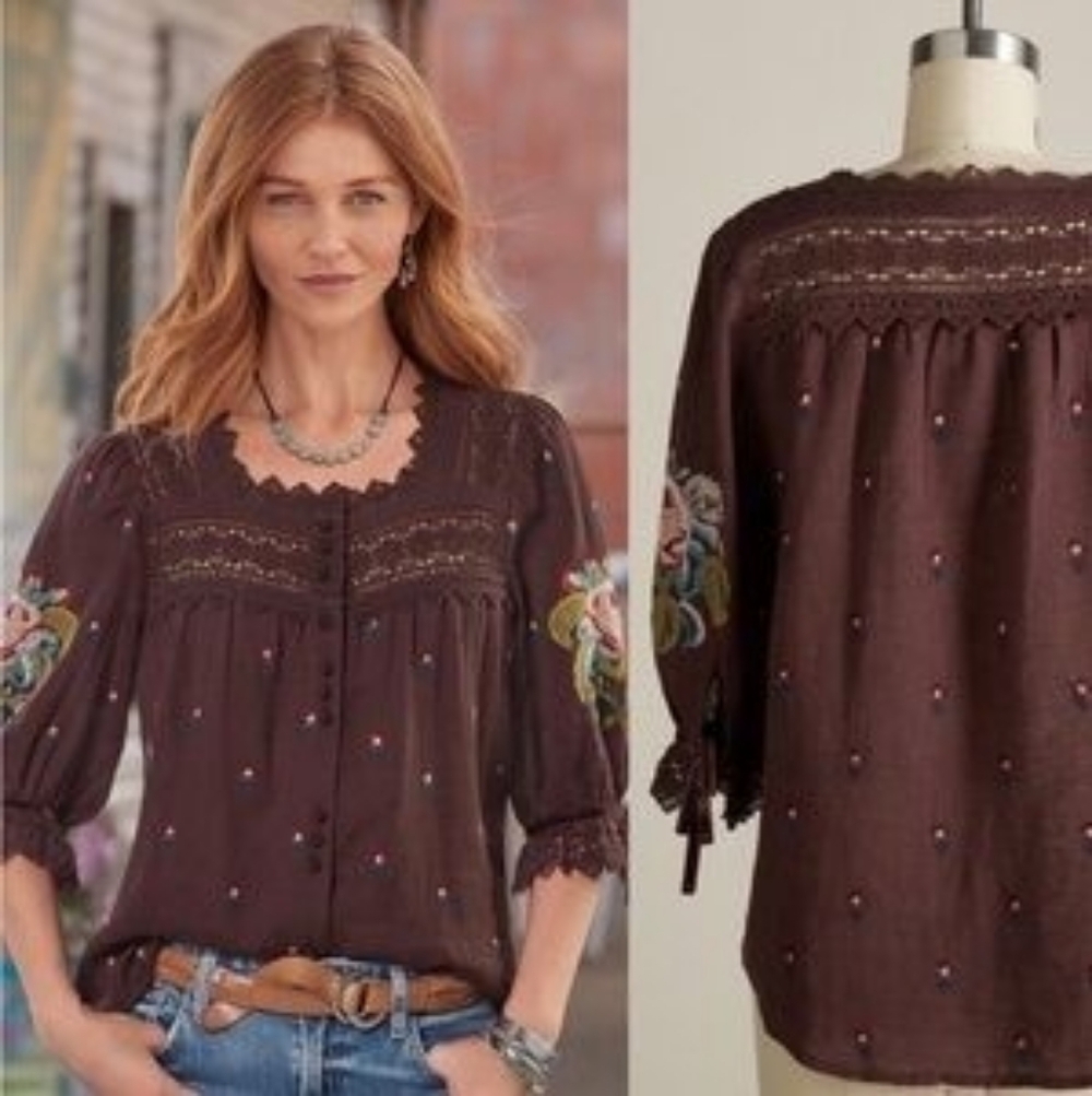Embroidered Lace Trim Blouse - Brown